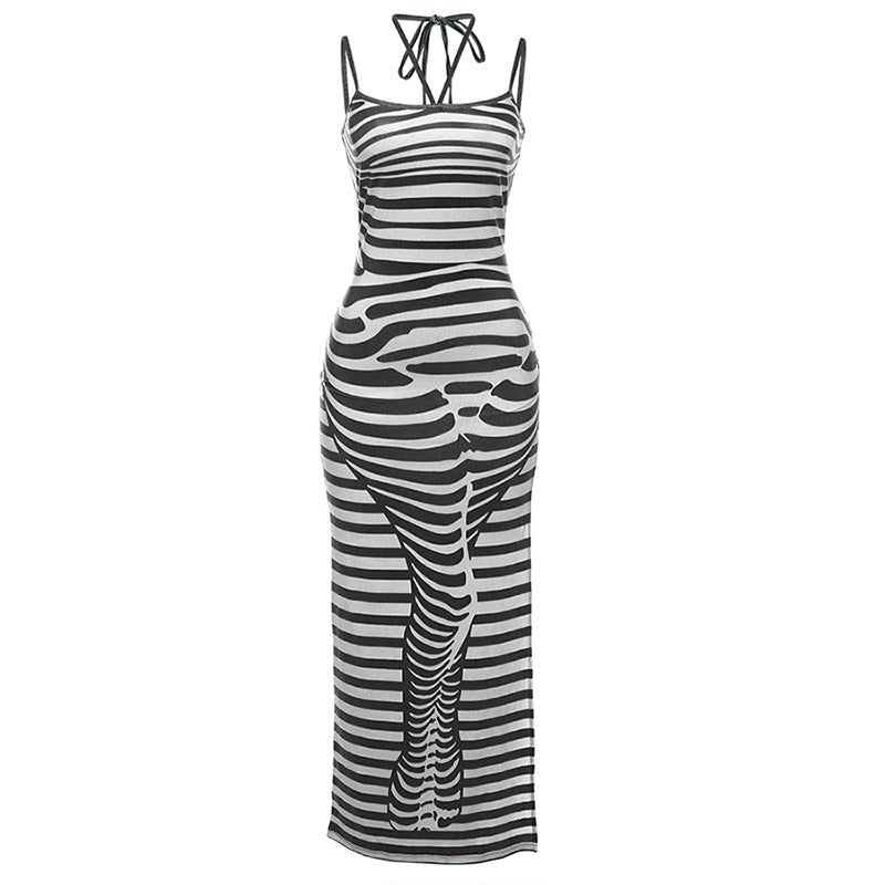 Women Striped Printed Knit Sleeveless Dress Vestidos Sexy Party Evening Dresses