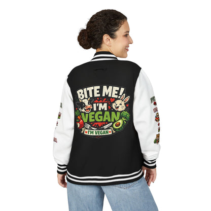 Vegan Letterman Jacket — "Bite Me! I'm Vegan" Retro Patch Design