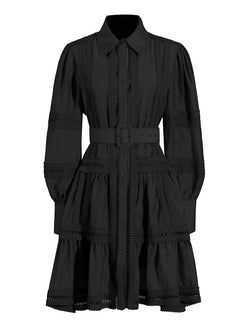 Collar lantern sleeves cinched waist dress