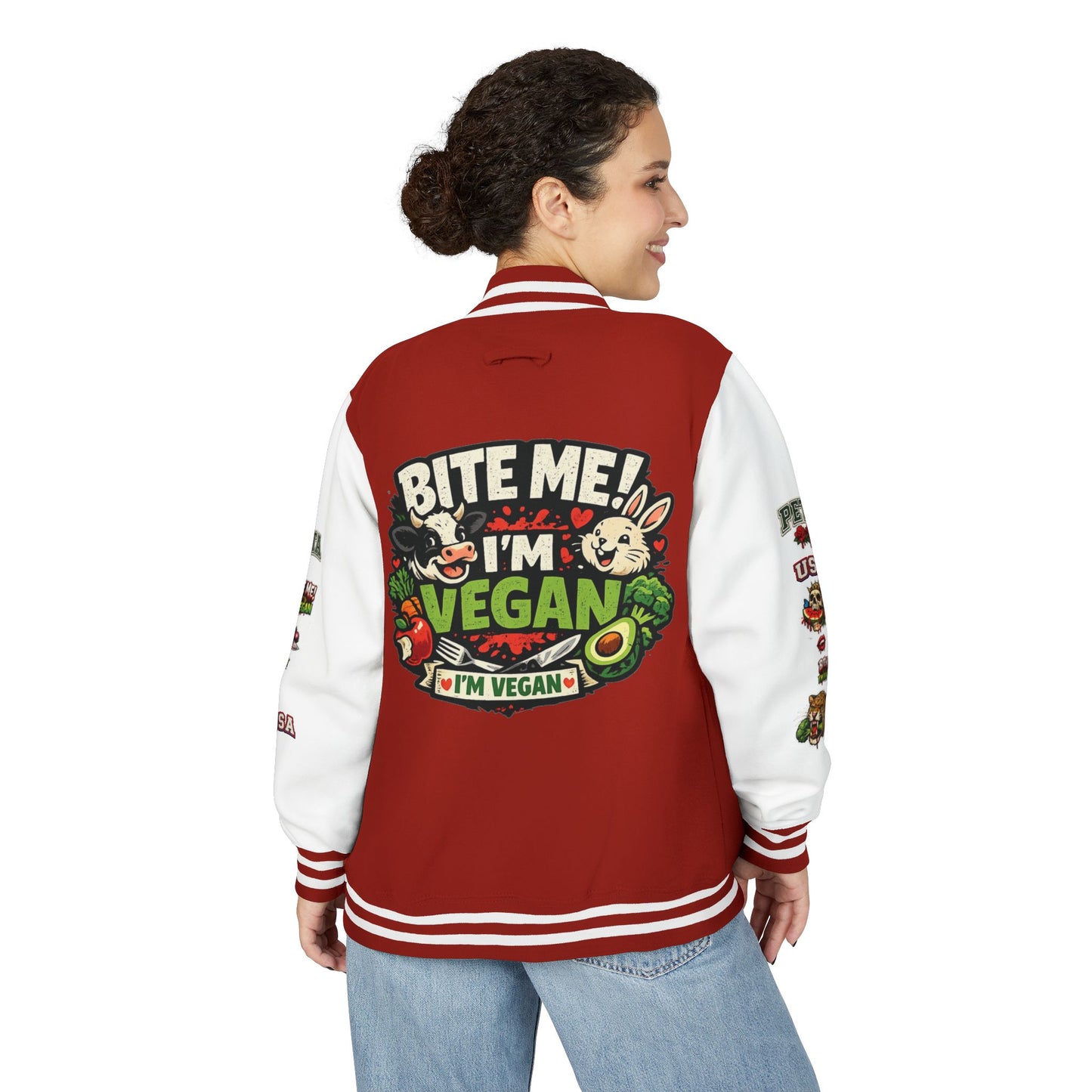 Vegan Letterman Jacket — "Bite Me! I'm Vegan" Retro Patch Design