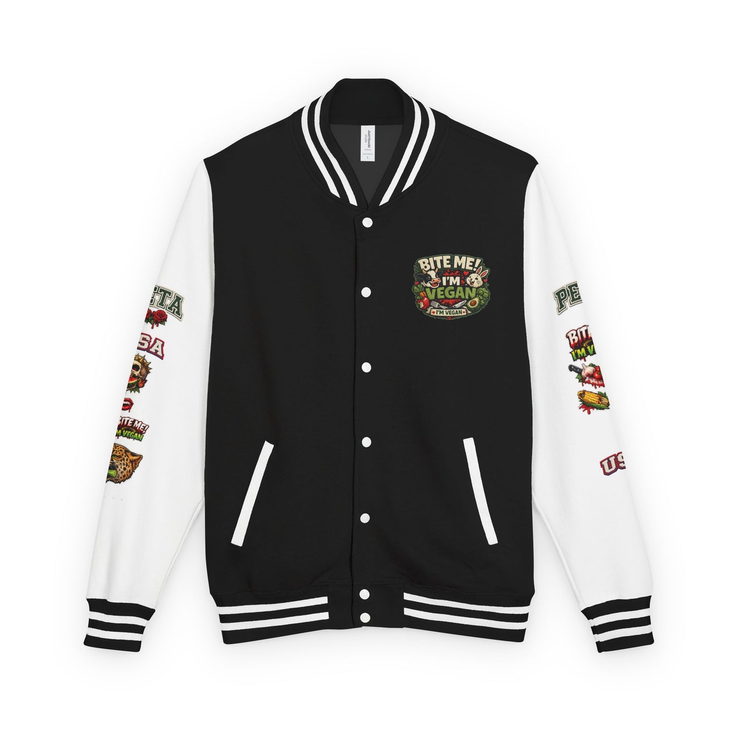 Vegan Letterman Jacket — "Bite Me! I'm Vegan" Retro Patch Design