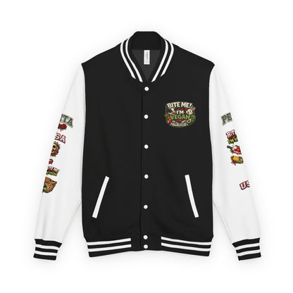 Vegan Letterman Jacket — "Bite Me! I'm Vegan" Retro Patch Design