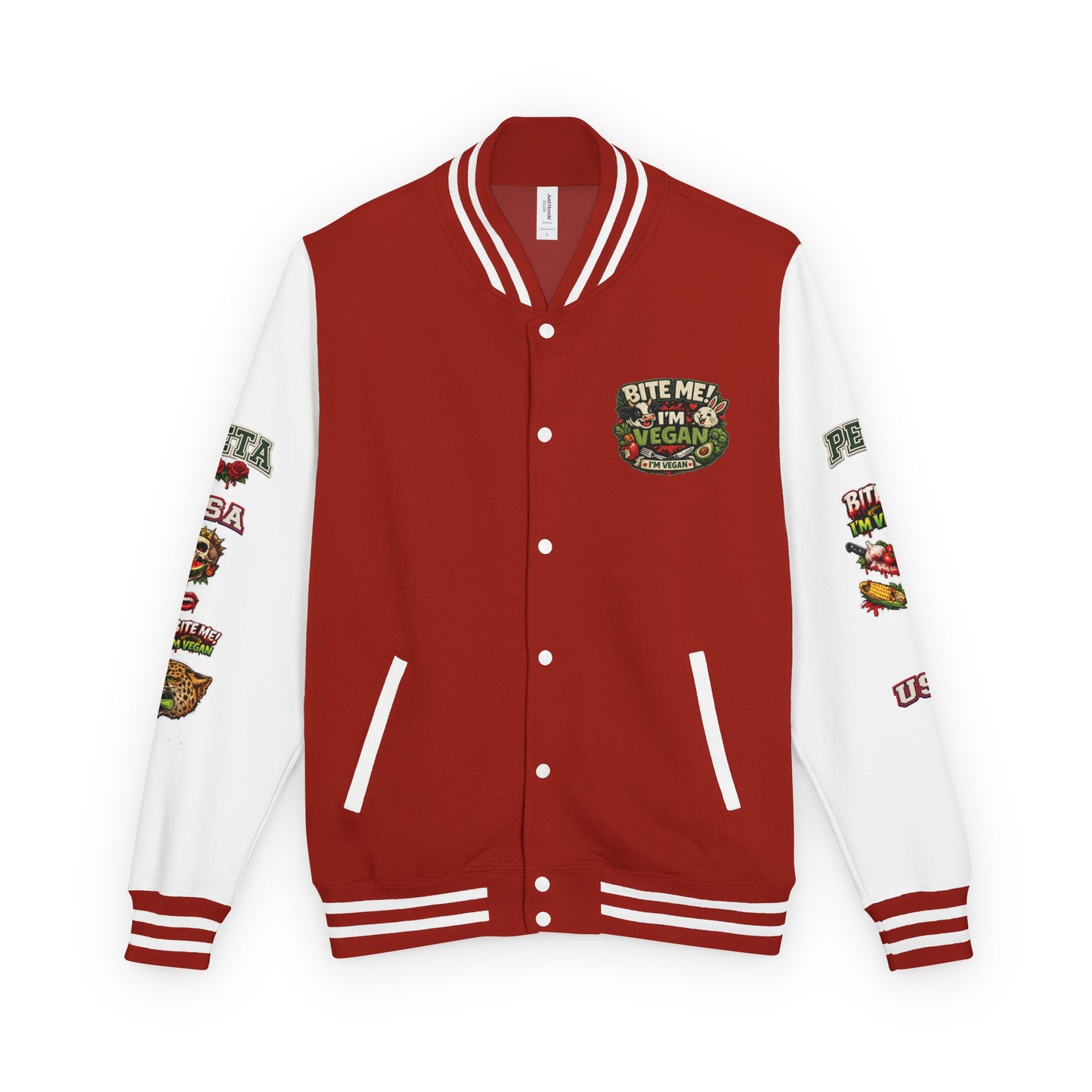 Vegan Letterman Jacket — "Bite Me! I'm Vegan" Retro Patch Design