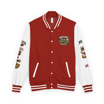 Vegan Letterman Jacket — "Bite Me! I'm Vegan" Retro Patch Design
