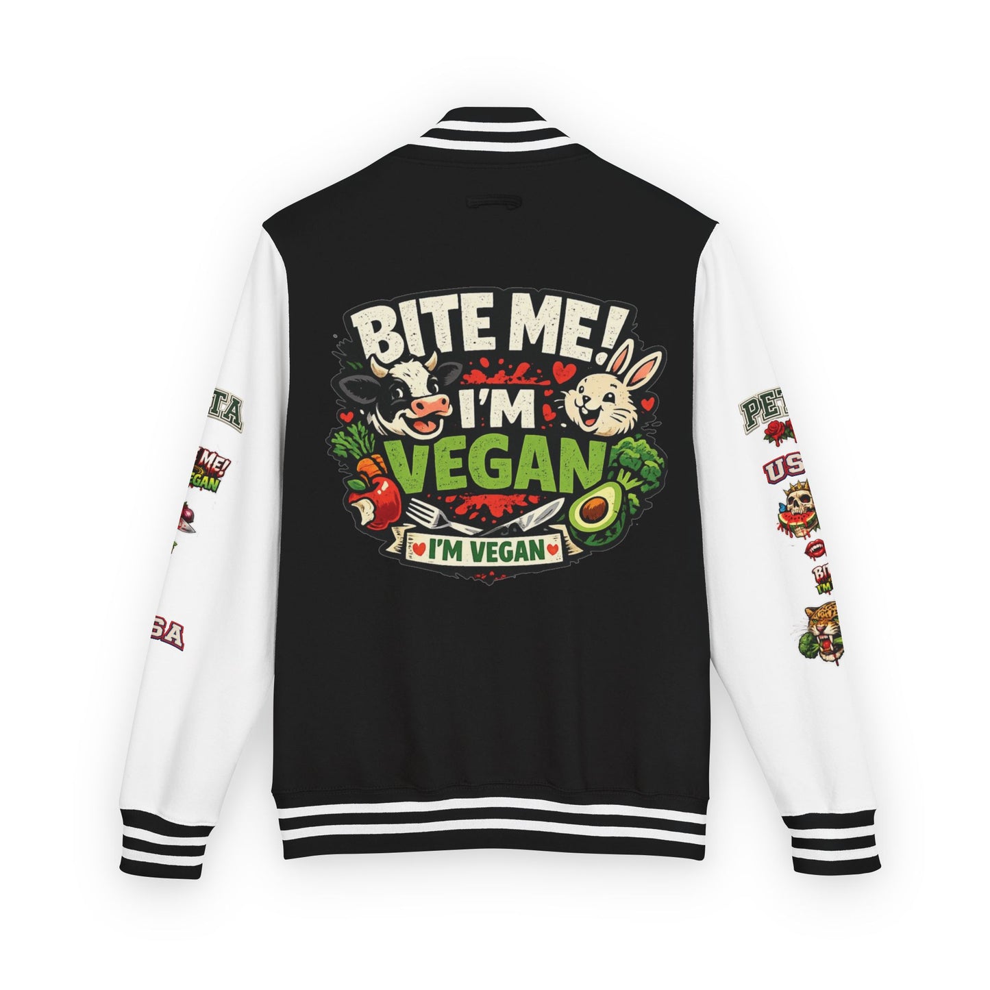 Vegan Letterman Jacket — "Bite Me! I'm Vegan" Retro Patch Design