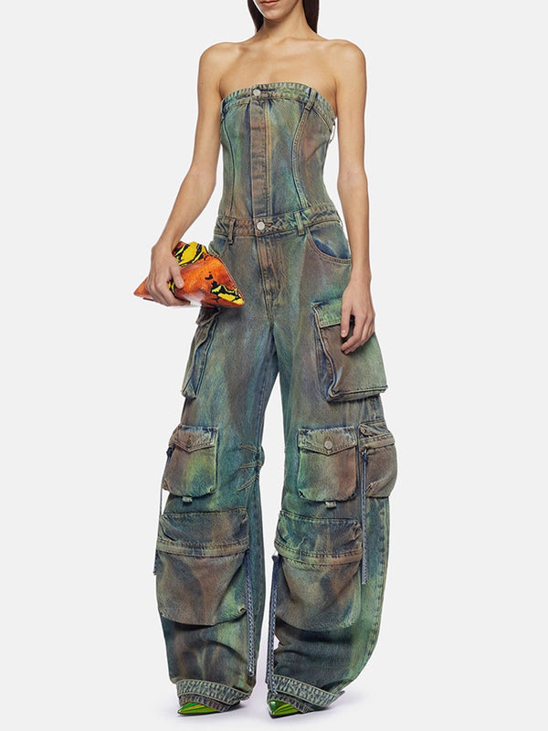 Cargo Strapless High Waist Wide Leg Jumpsuit