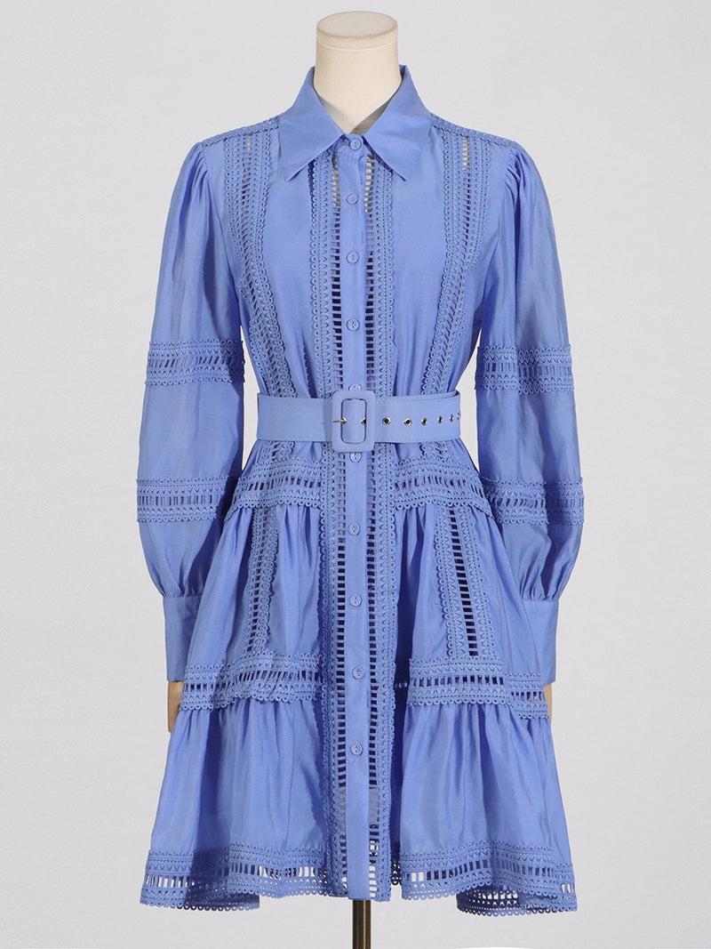 Collar lantern sleeves cinched waist dress