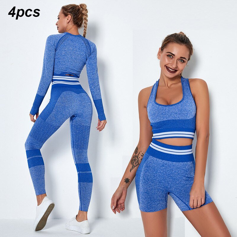 4Pcs Women Vital Seamless Yoga Set Sports Bra+Crop Top Shirts+Shorts+High Waist Leggings Gym Clothing Sports Wear For Women - SAND Creations