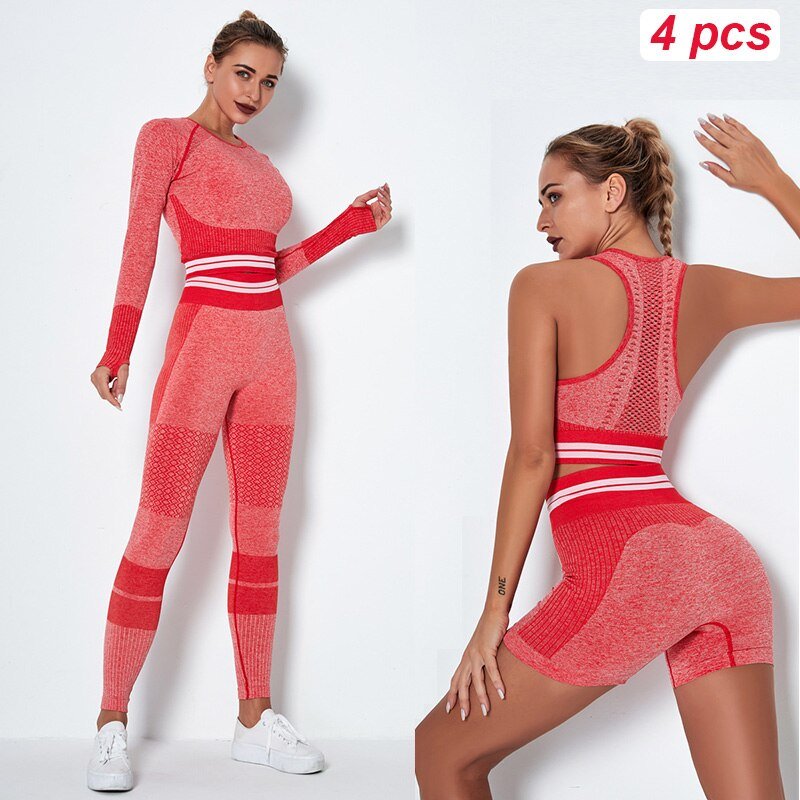 4Pcs Women Vital Seamless Yoga Set Sports Bra+Crop Top Shirts+Shorts+High Waist Leggings Gym Clothing Sports Wear For Women - SAND Creations