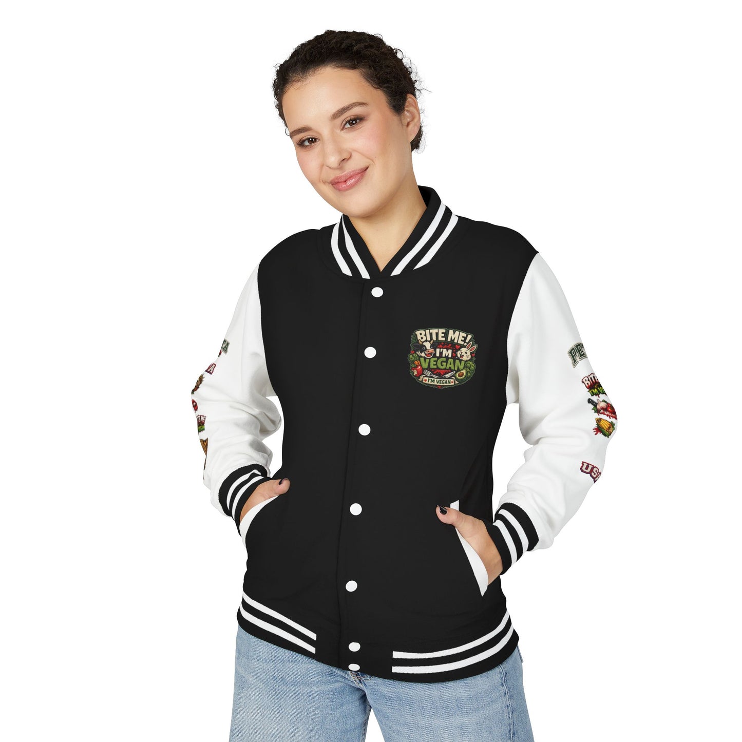 Vegan Letterman Jacket — "Bite Me! I'm Vegan" Retro Patch Design