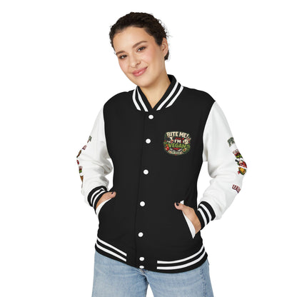 Vegan Letterman Jacket — "Bite Me! I'm Vegan" Retro Patch Design