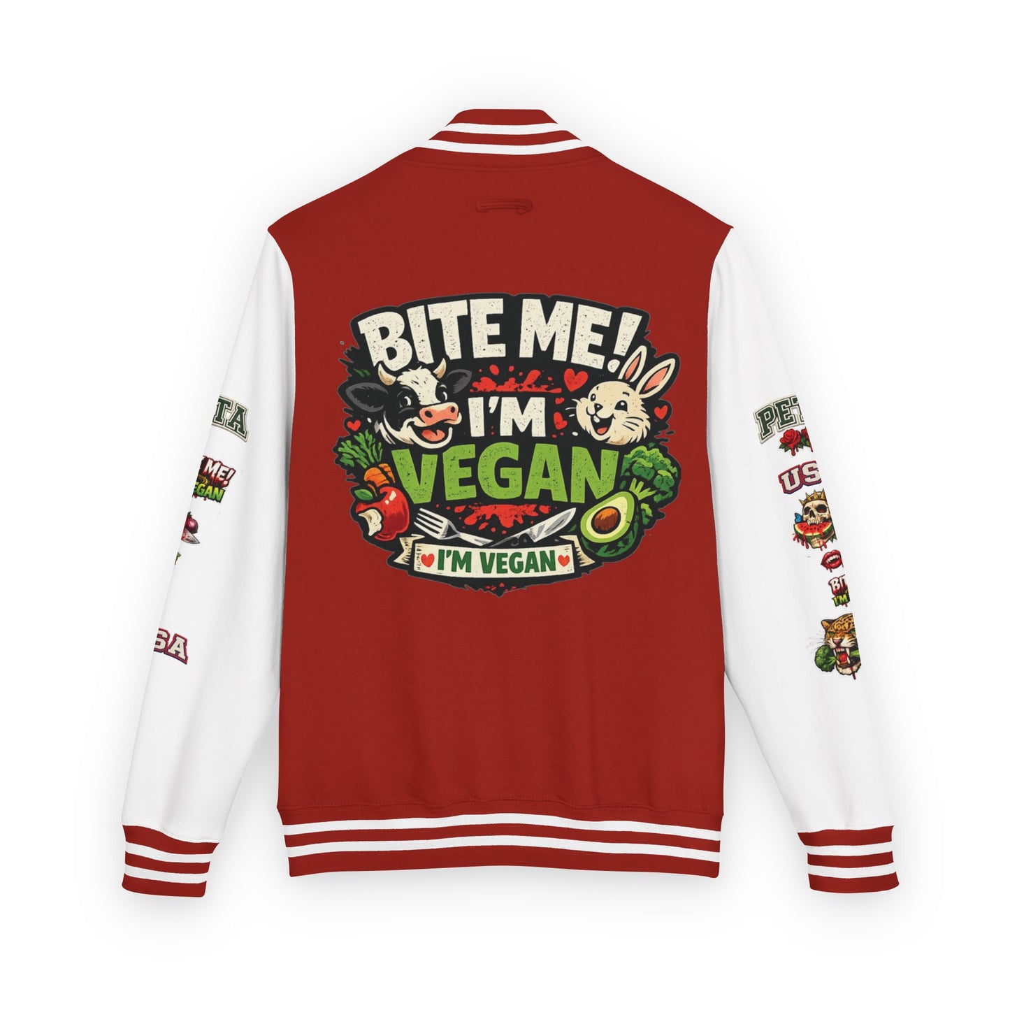 Vegan Letterman Jacket — "Bite Me! I'm Vegan" Retro Patch Design