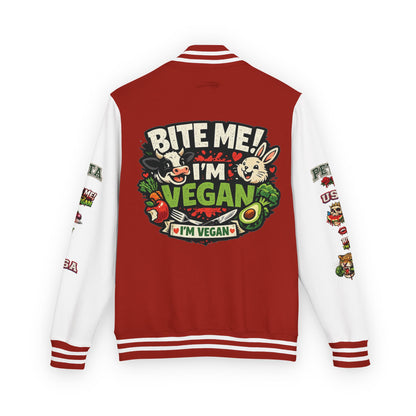 Vegan Letterman Jacket — "Bite Me! I'm Vegan" Retro Patch Design