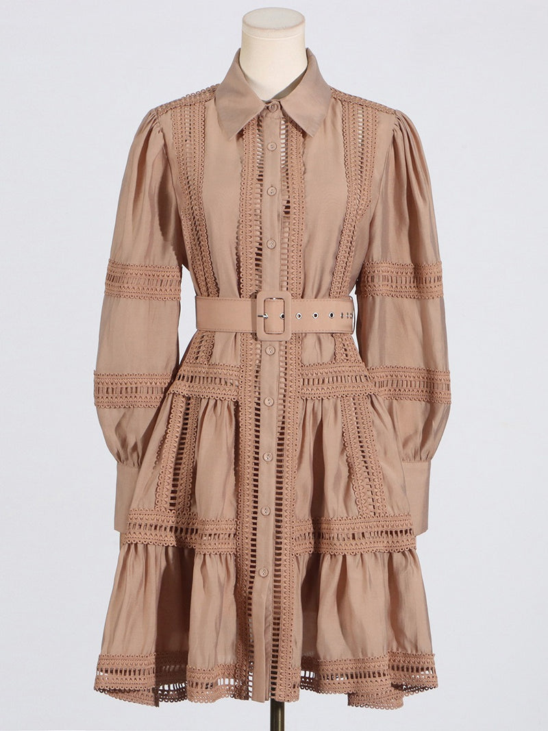 Collar lantern sleeves cinched waist dress