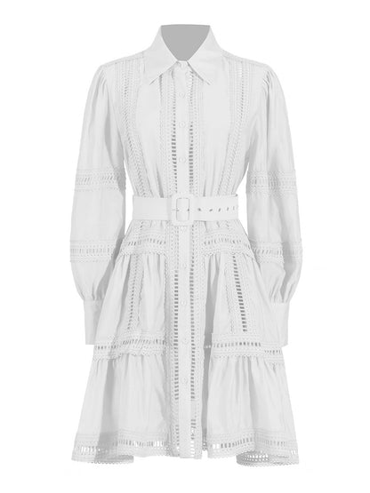 Collar lantern sleeves cinched waist dress