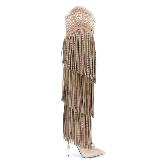 Vintage Crystal Embellished Fringe Over knee Cowboy Boots