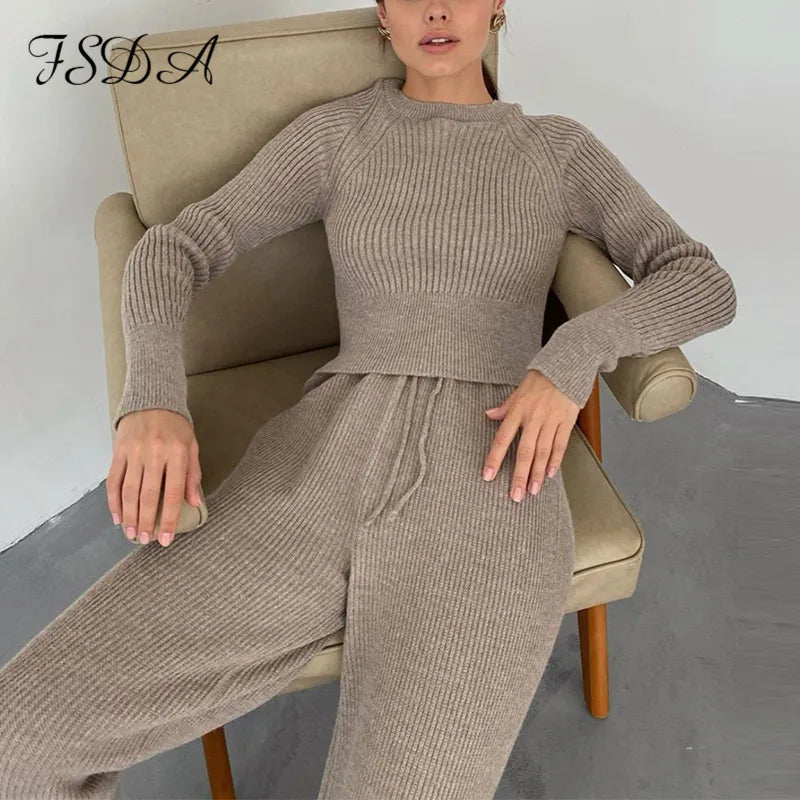 FSDA 2020 Women Set Sweater Top Long Sleeve And Biker Pants Autumn Winter White Casual Two Piece Set Warm Outfits Knitted