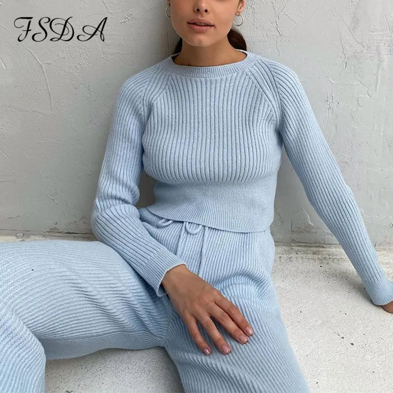 FSDA 2020 Women Set Sweater Top Long Sleeve And Biker Pants Autumn Winter White Casual Two Piece Set Warm Outfits Knitted