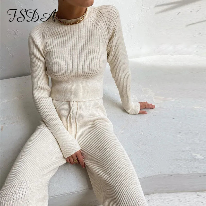 FSDA 2020 Women Set Sweater Top Long Sleeve And Biker Pants Autumn Winter White Casual Two Piece Set Warm Outfits Knitted