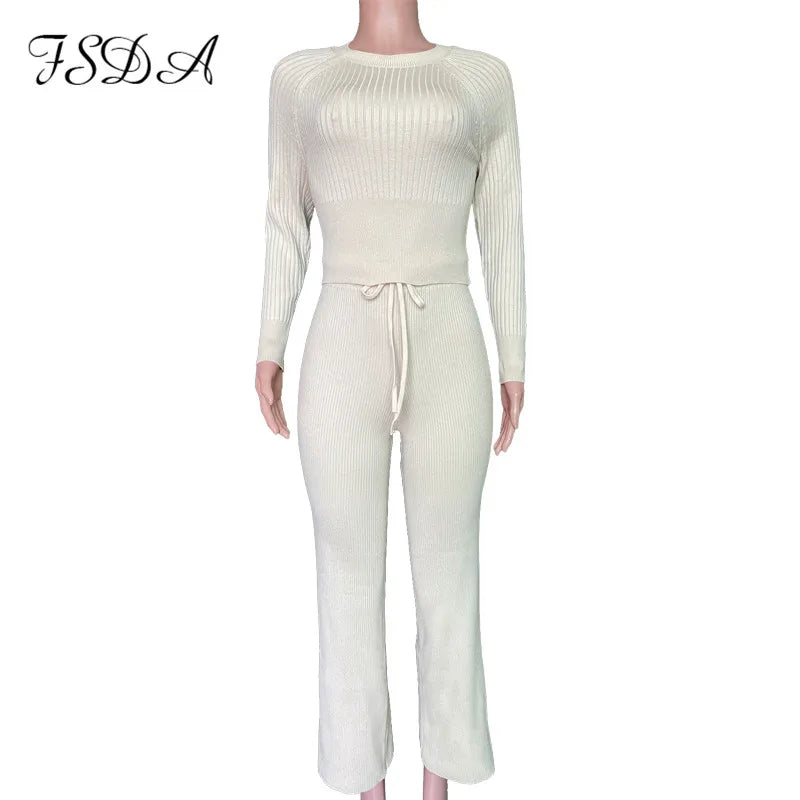 FSDA 2020 Women Set Sweater Top Long Sleeve And Biker Pants Autumn Winter White Casual Two Piece Set Warm Outfits Knitted