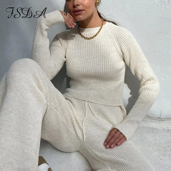 FSDA 2020 Women Set Sweater Top Long Sleeve And Biker Pants Autumn Winter White Casual Two Piece Set Warm Outfits Knitted