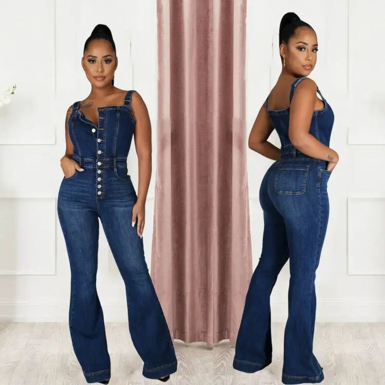 Retro Sleeveless Denim Wide Leg Pants Jumpsuit