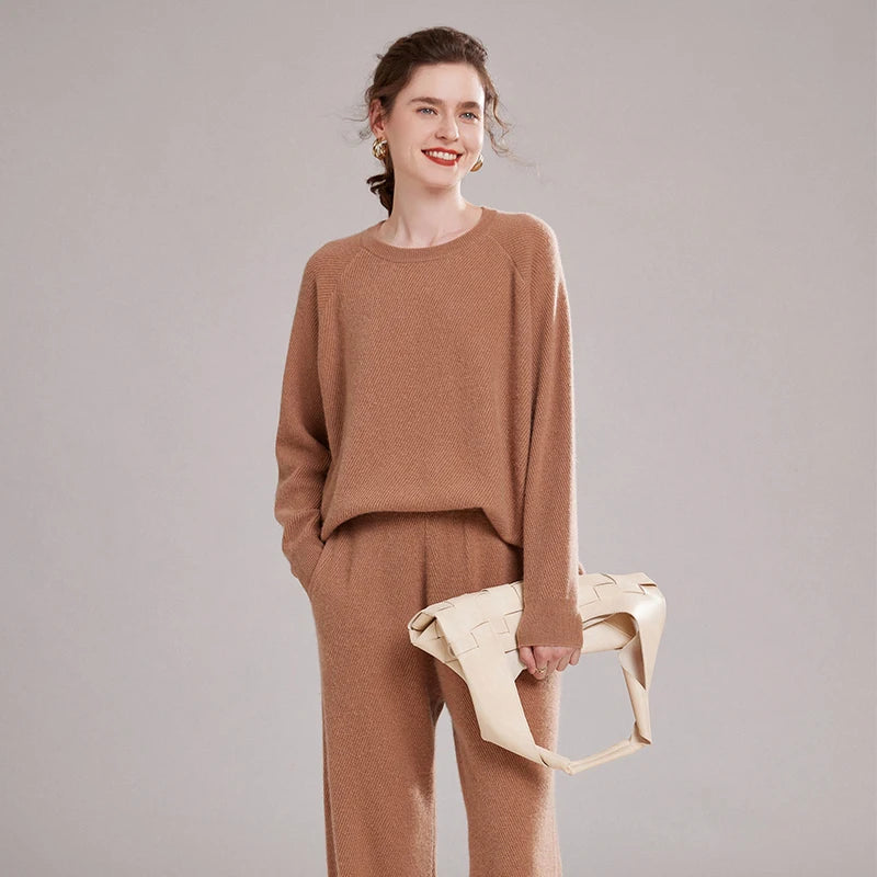 Fashion Suit Autumn Winter 100% Cashmere Knitted High Quality Sweater Women Tops And Harem Pants Two-Piece Female Girl Clothes