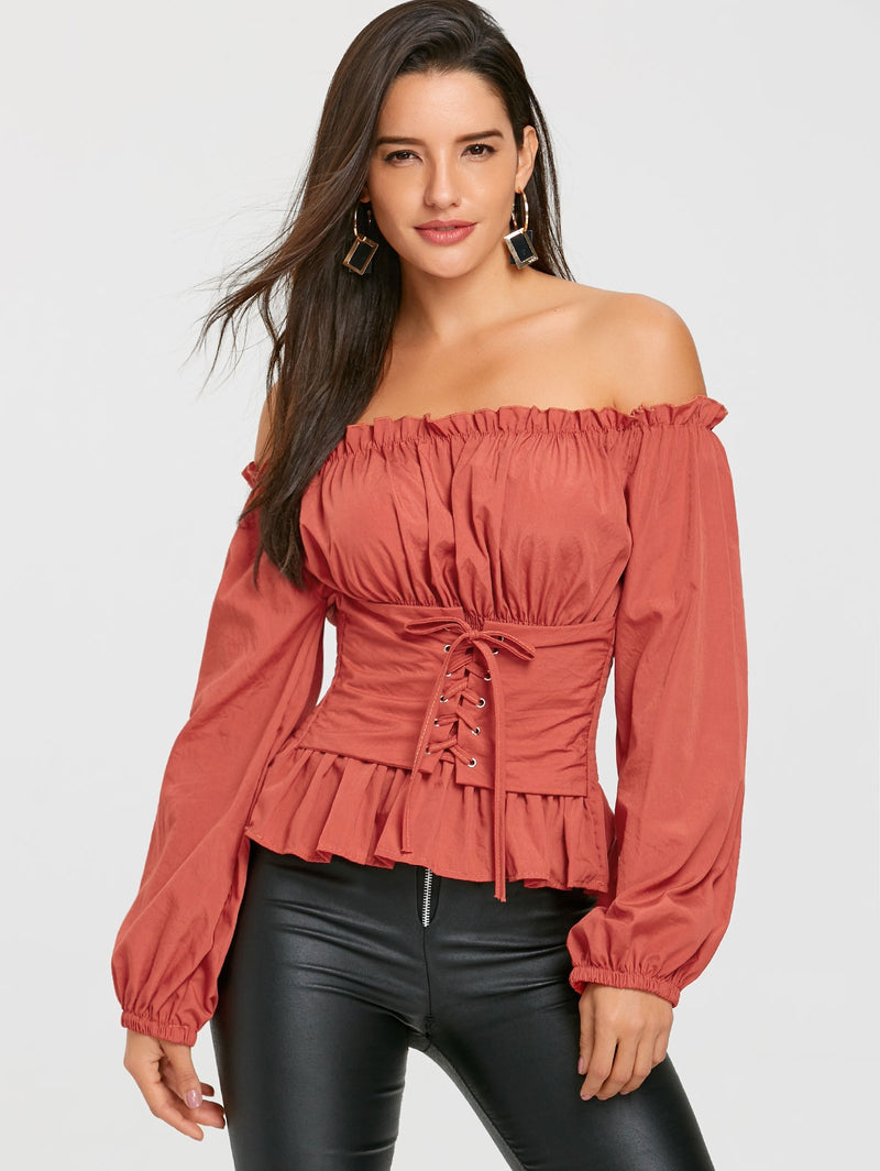 Off The Shoulder Lace Up Smocked Blouse