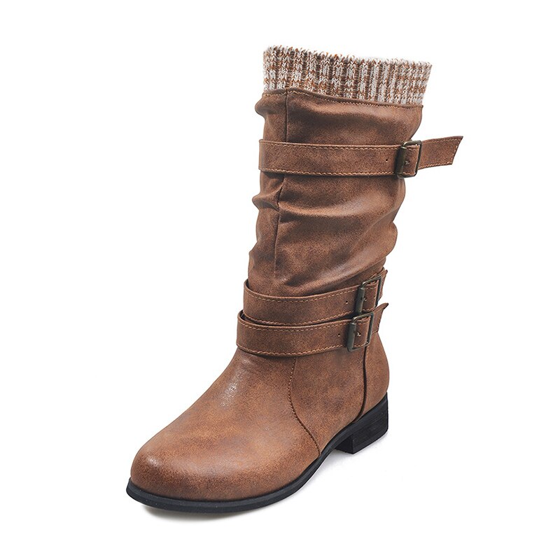 Knitted Slip On Retro Leather Buckle Strap Mid Calf Boots