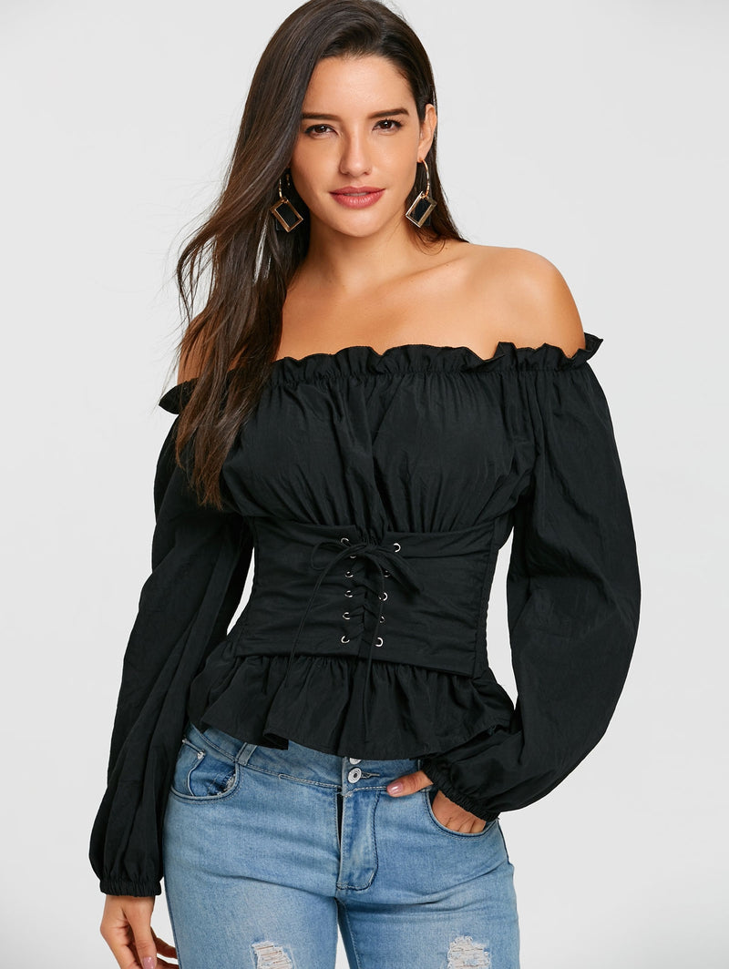 Off The Shoulder Lace Up Smocked Blouse