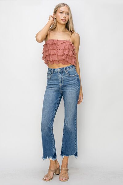 High Waist Raw Hem Flare Jeans