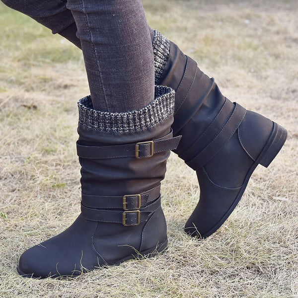 Knitted Slip On Retro Leather Buckle Strap Mid Calf Boots