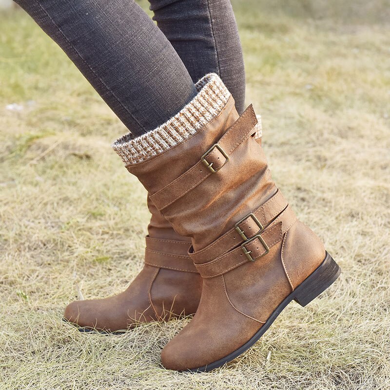 Knitted Slip On Retro Leather Buckle Strap Mid Calf Boots