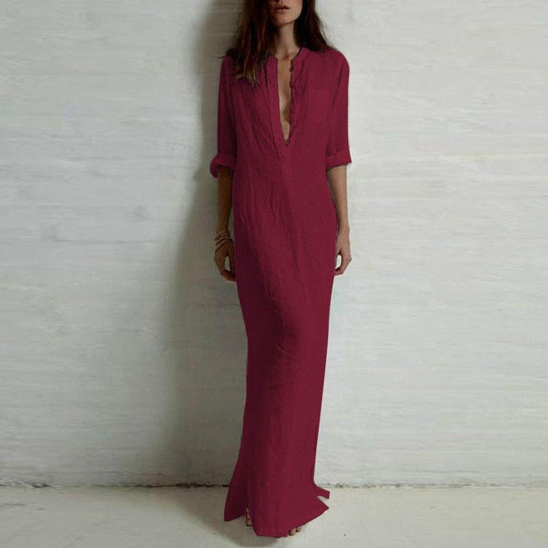 Deep V Neck Casual Long Sleeve Maxi Dress