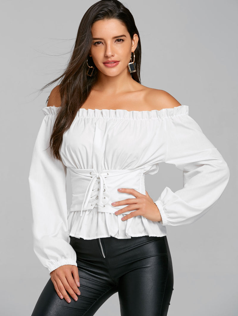 Off The Shoulder Lace Up Smocked Blouse