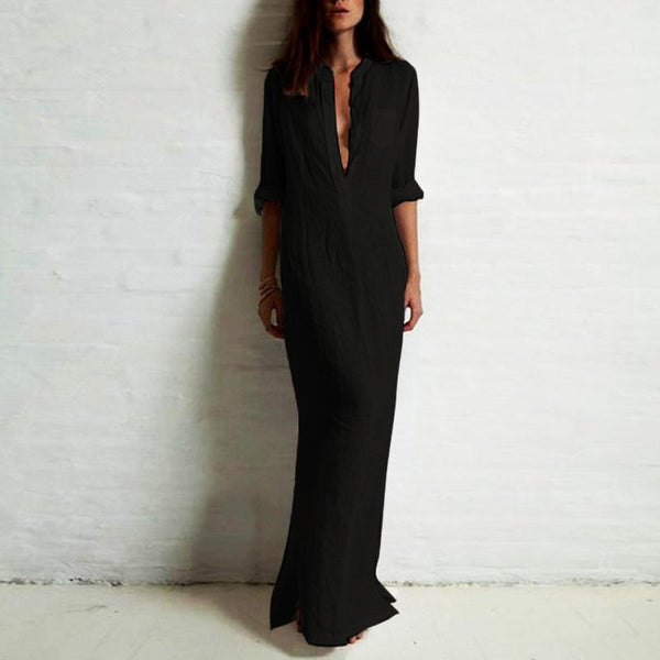 Deep V Neck Casual Long Sleeve Maxi Dress