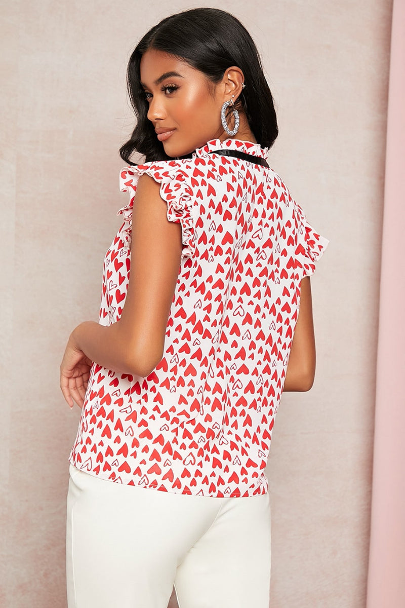 Heart Print Contrast Tie Detail Sleeveless Top