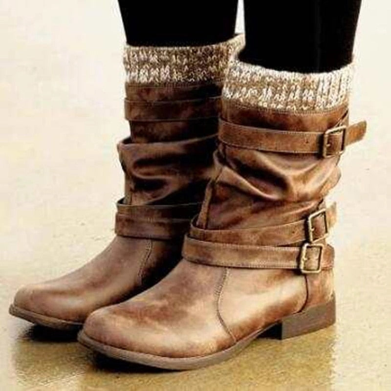 Knitted Slip On Retro Leather Buckle Strap Mid Calf Boots