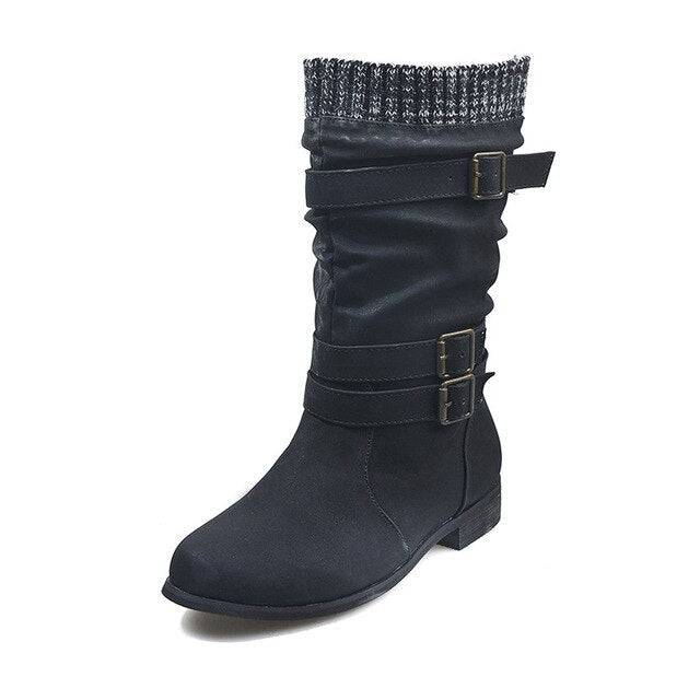 Knitted Slip On Retro Leather Buckle Strap Mid Calf Boots