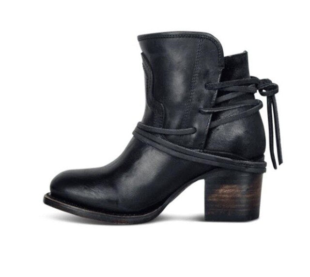 Leather Retro High Heel Ankle Boots