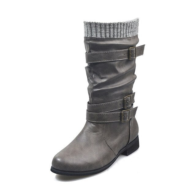 Knitted Slip On Retro Leather Buckle Strap Mid Calf Boots