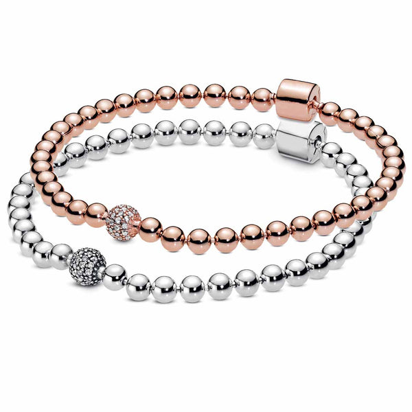 Rose Gold Beads & Pave Crystal Sliding Bracelet Sterling Silver