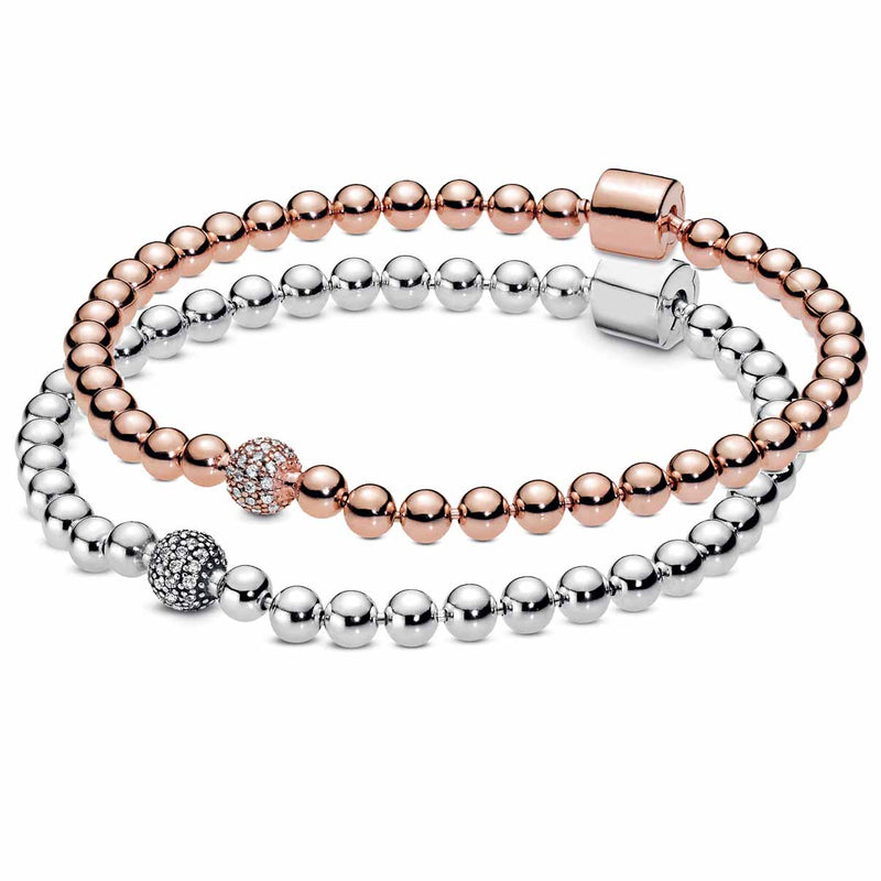 Pulsera deslizante con cuentas de oro rosa y cristal pavé de plata de ley