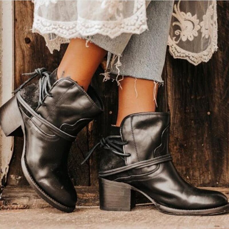 Leather Retro High Heel Ankle Boots