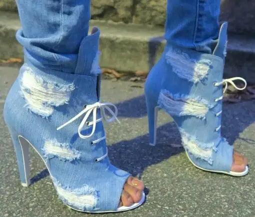 Denim Jeans Peep Toe Lace Up