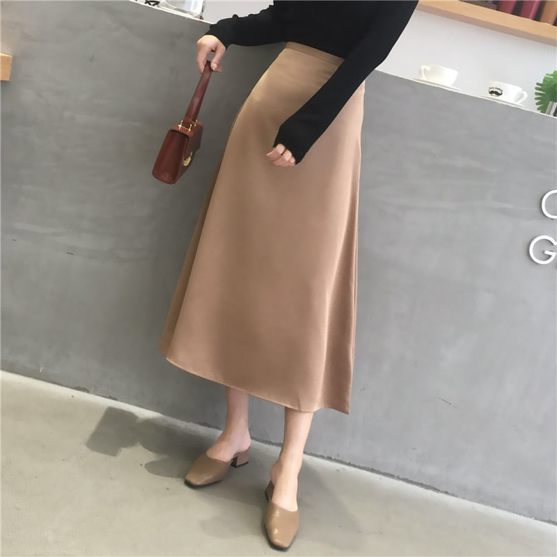 High Waist Glossy Satin Skirt