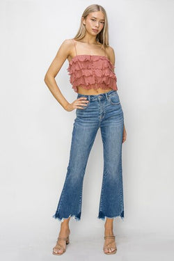 High Waist Raw Hem Flare Jeans