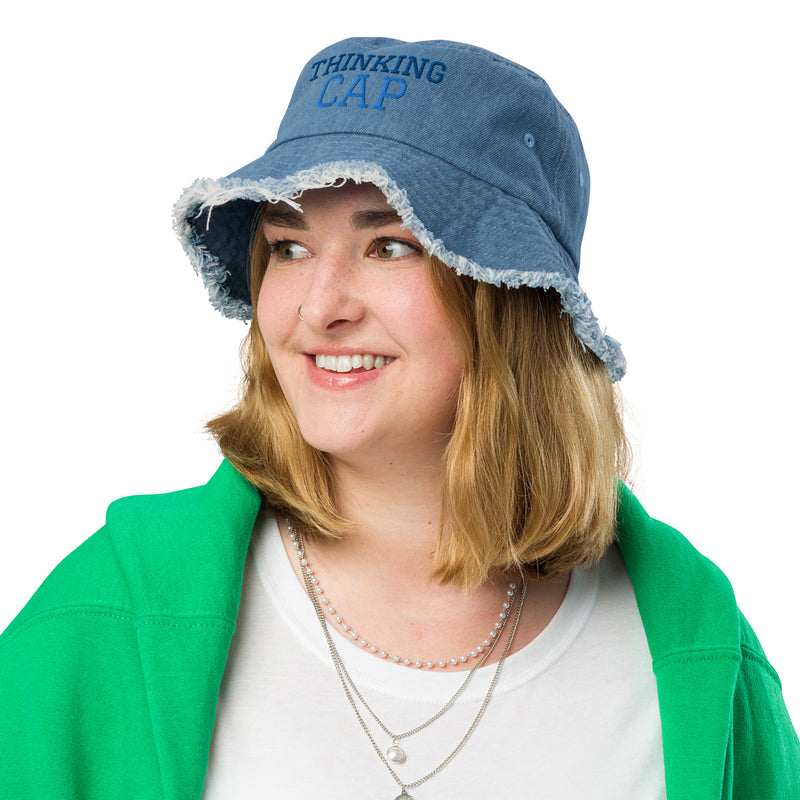 Distressed Denim Bucket Thinking Cap