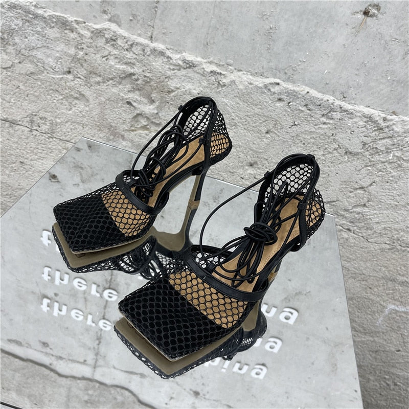 Mesh Lace Up Square Pumps