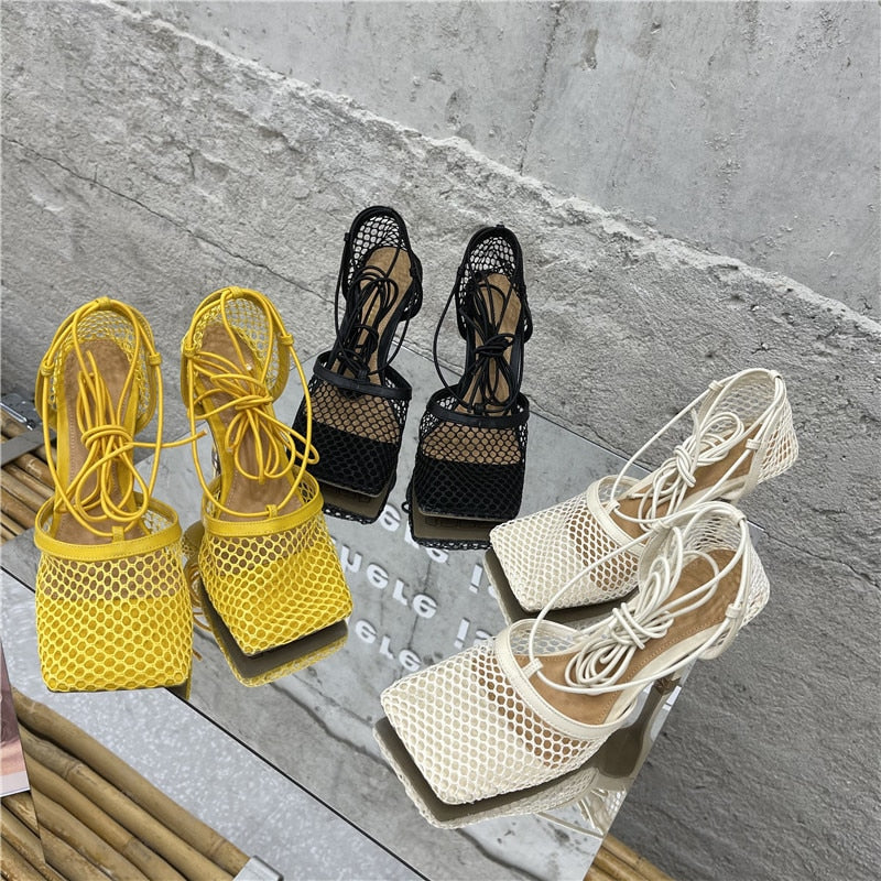 Mesh Lace Up Square Pumps